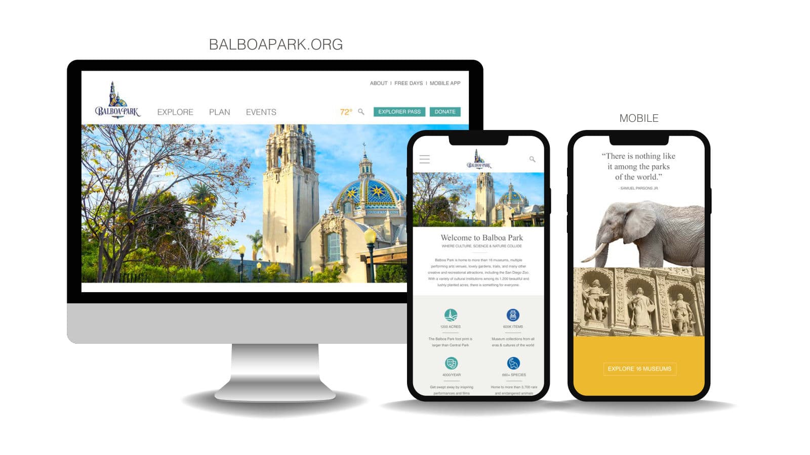 Proposed BalboaPark.org homepage on desktop and mobile