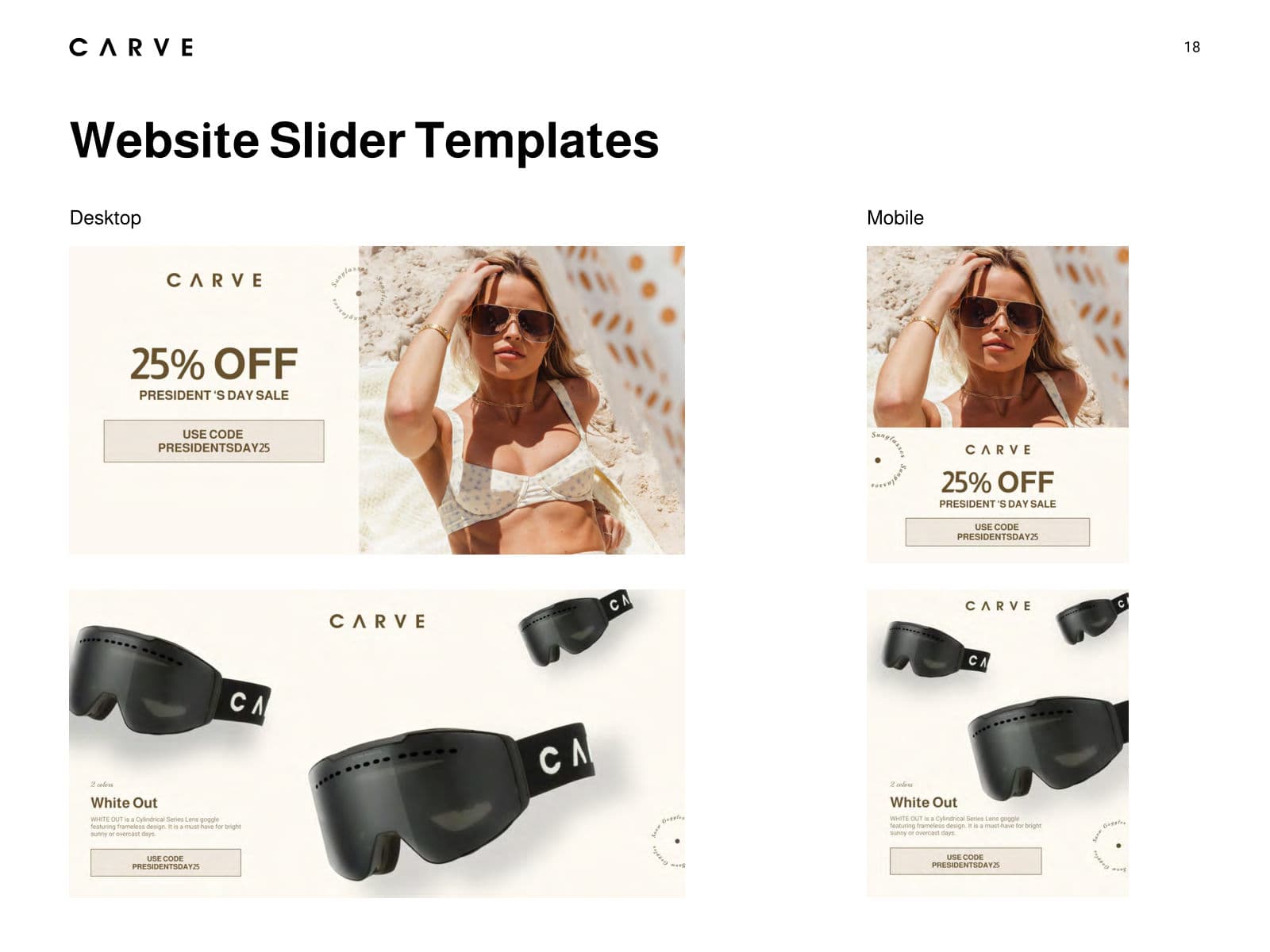 CARVE website slider templates for desktop and mobile