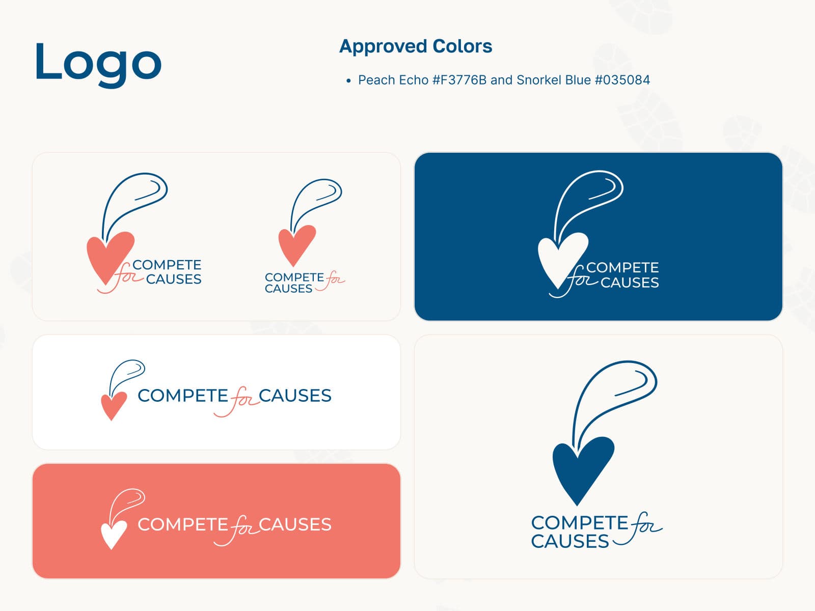 Compete for Causes logo lockups on light and coloured grounds