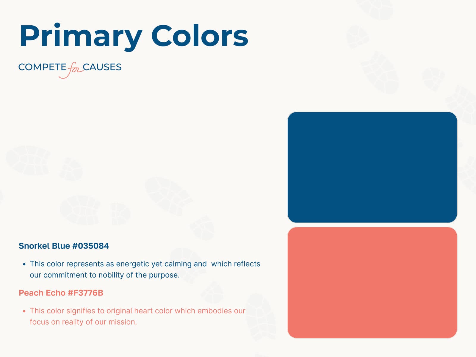 Compete for Causes primary colours, Snorkel Blue and Peach Echo