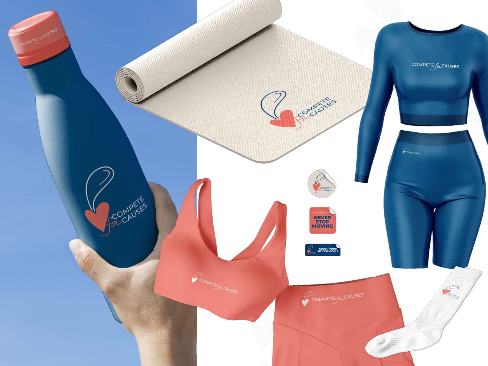Compete for Causes water bottle, yoga mat and apparel