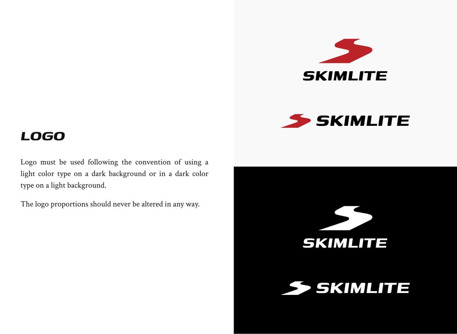 Skimlite logo on light and dark grounds