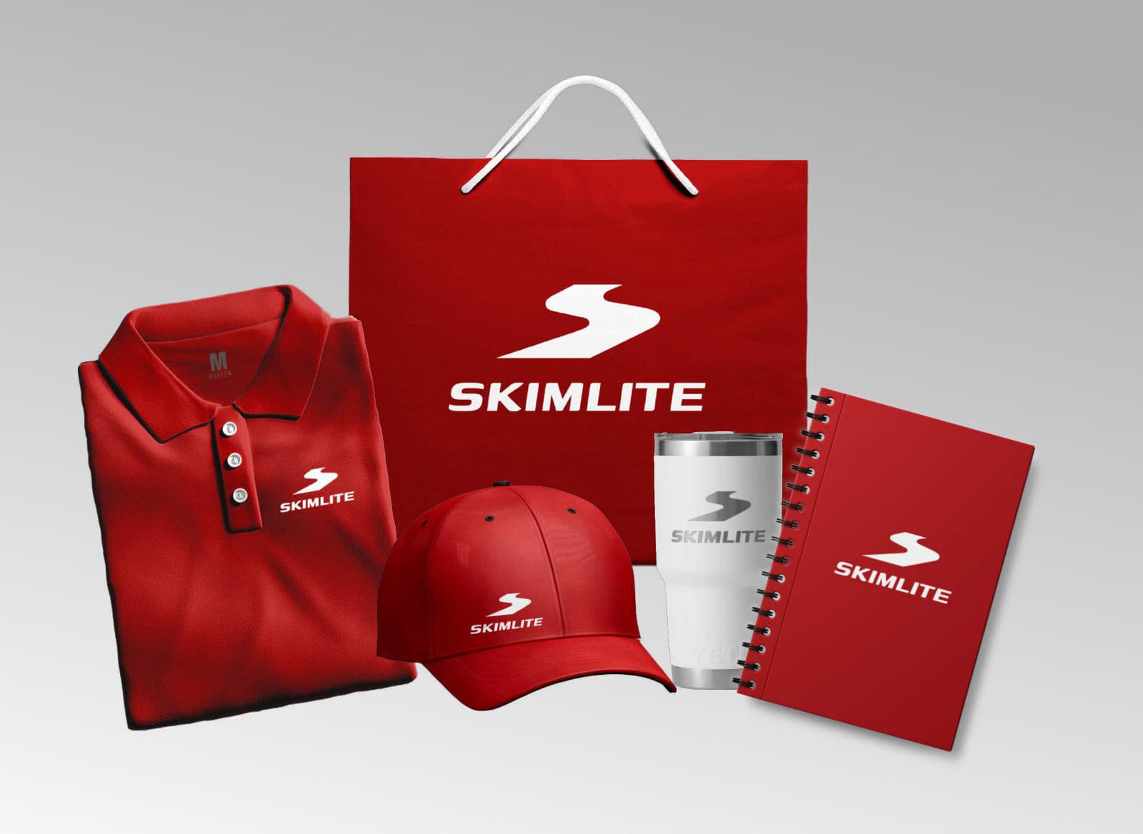 Skimlite promo gear: polo, cap, bag and notebook