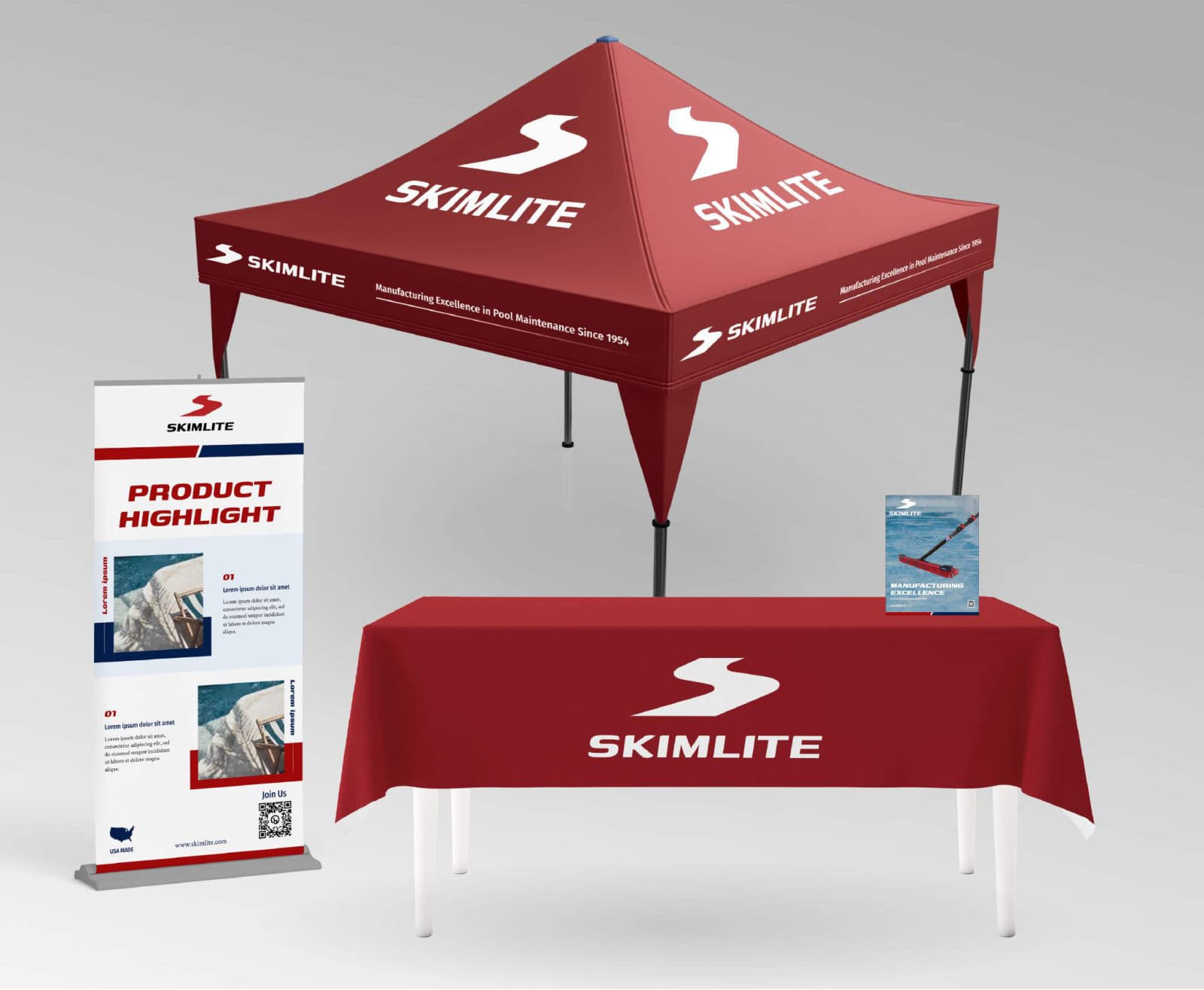 Skimlite branded event tent and table